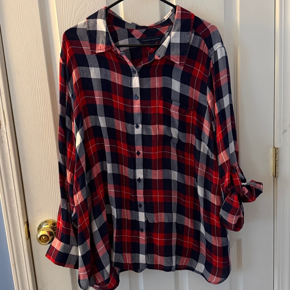 Tommy Hilfiger USA Red white blue plaid Shirt Loose plus size roll tab sleeve 2x